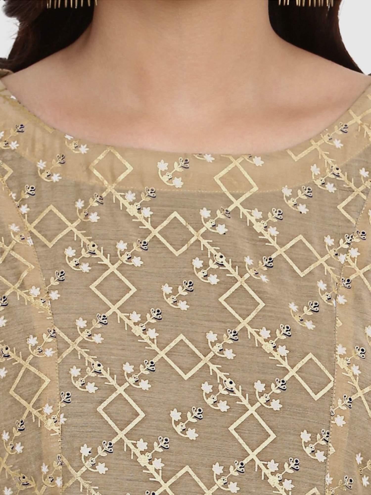 Ziyaa Beige & Navy Printed Kurti Palazzo Set