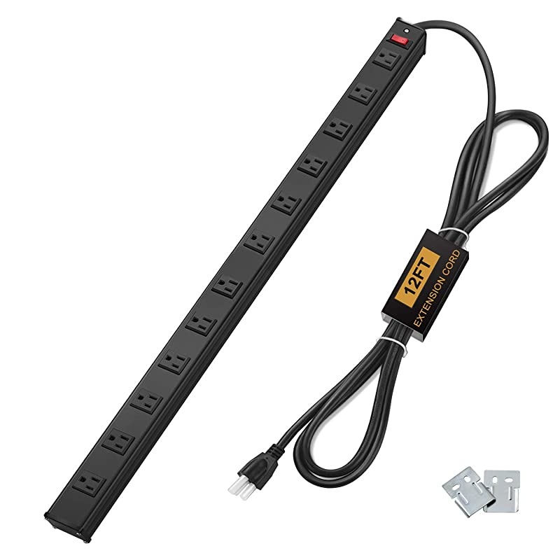 Metal Surge Protector Power Strip 12 WideSpaced Outlets and 12ft Long Extension Cord 450 Joules 15A125V1875W OnOff Circuit Breaker ETL Listed Black