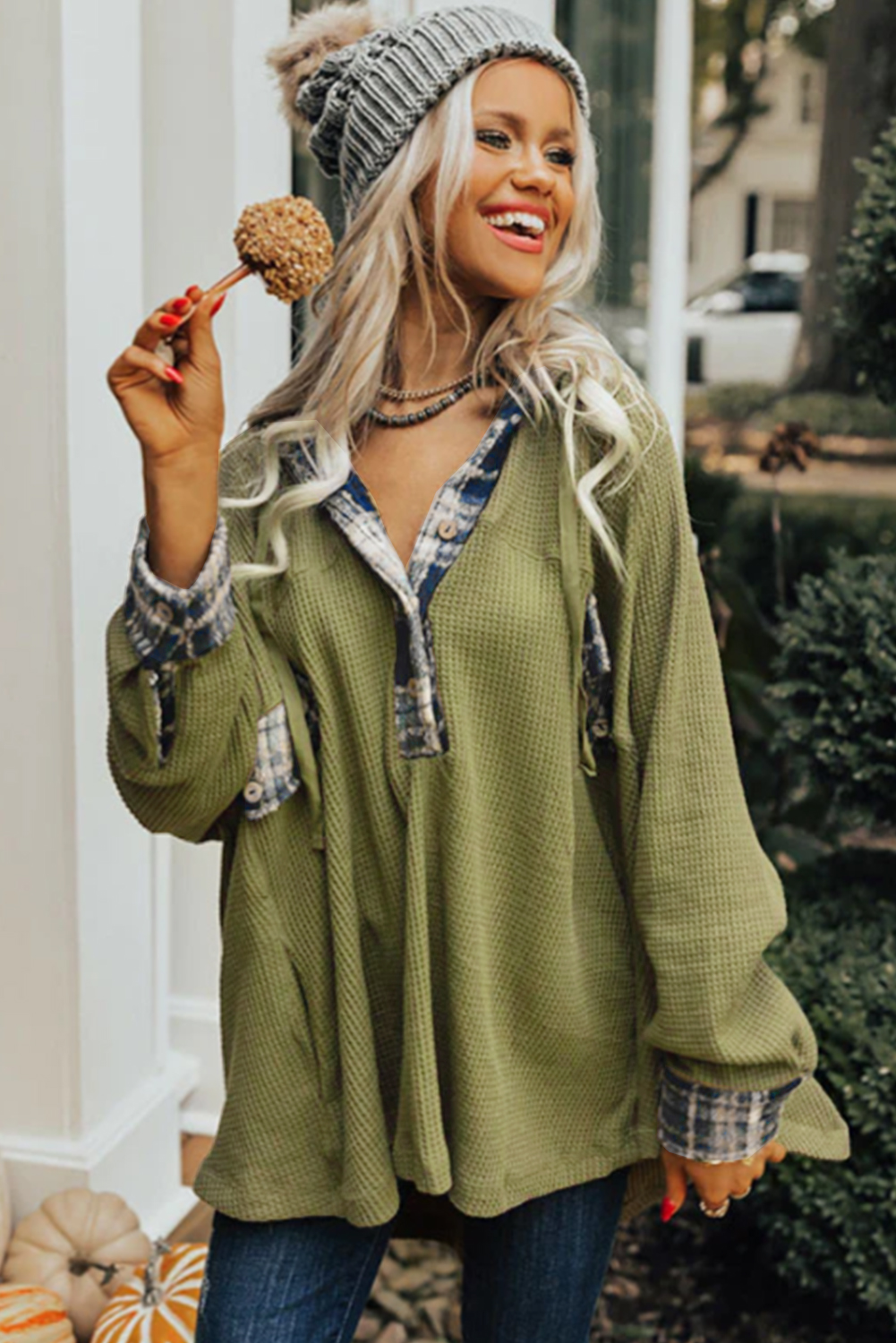 Green Waffle Knit and Flannel Henley Oversized Hoodie
