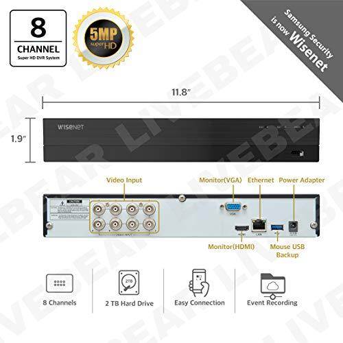 Wisenet SDHC84085BF 8 Channel Super HD DVR Video Security System with 2TB Hard Drive and 8 5MP Weather Resistant Bullet Cameras SDC89445BF Renewed