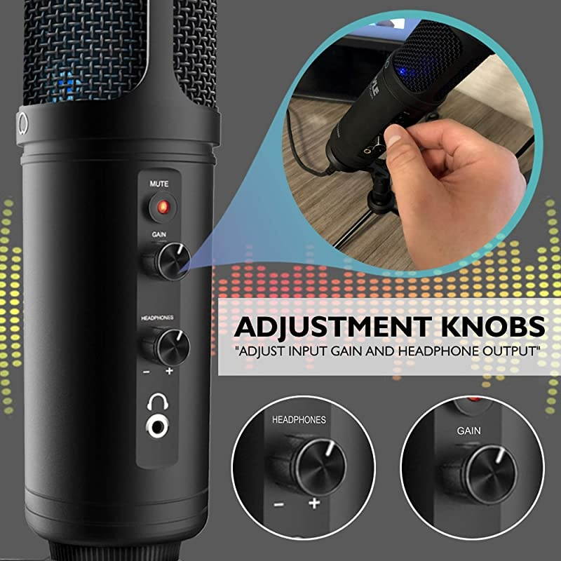 USB PC Recording Condenser Microphone Blue LED Adjustable Gain Headphone Jack Mute Control Tripod Stand Portable Pro Audio Condenser Desk Mic for Podcast Streaming Gaming  PDMIUSB50