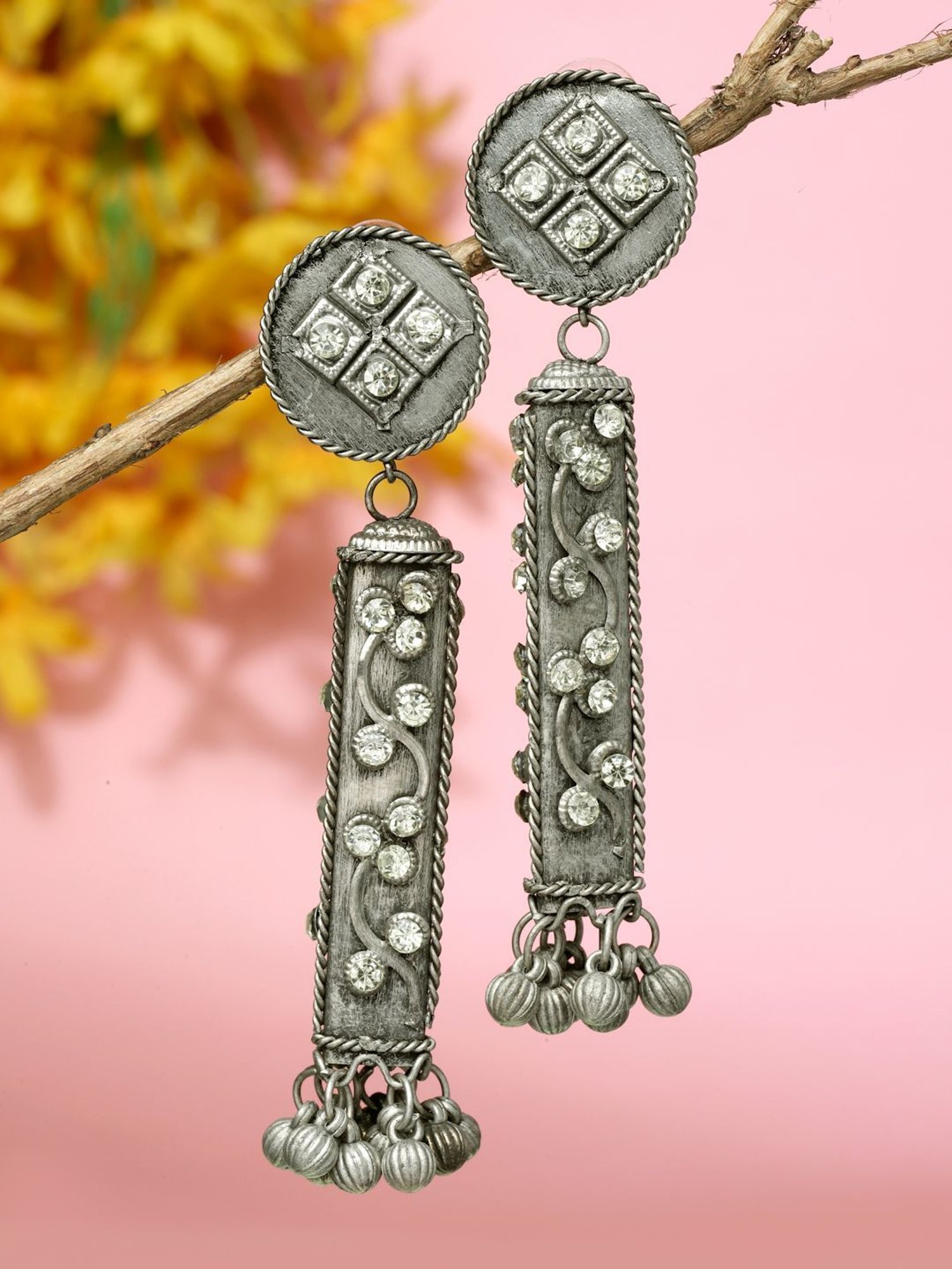 Moedbuille Ghungroo and Crystals Antique Tribal Design Oxidised Silver Plated Earrings