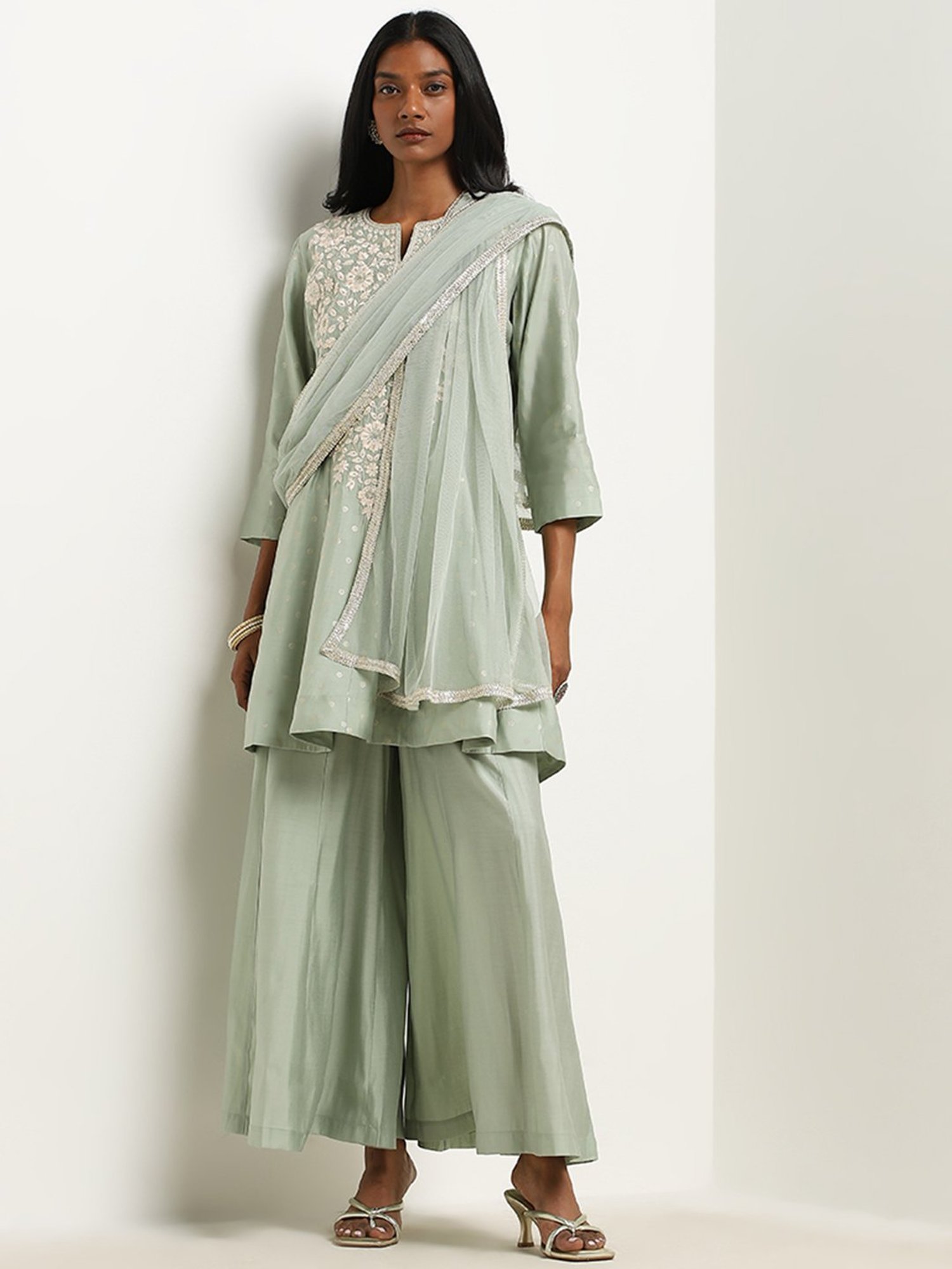 Vark by Westside Sage Embroidered A-line Kurti, Palazzos & Dupatta Set