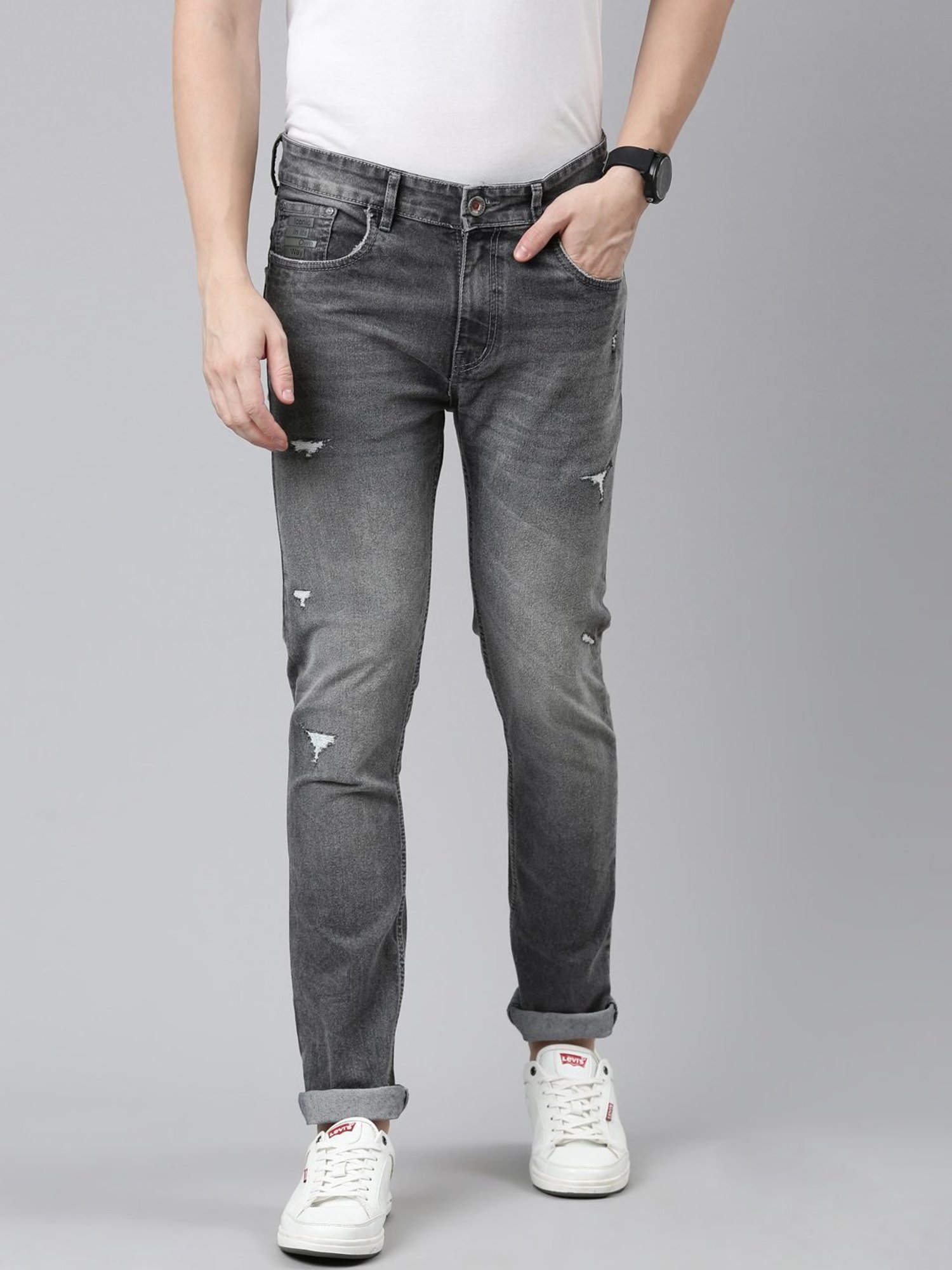 CINOCCI Grey Cotton Slim Fit Distressed Jeans