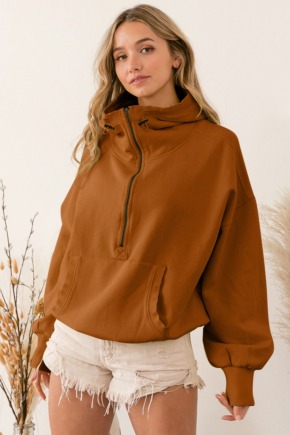 Brown Half Zip Pullover Hoodie with Kangaroo Pocket