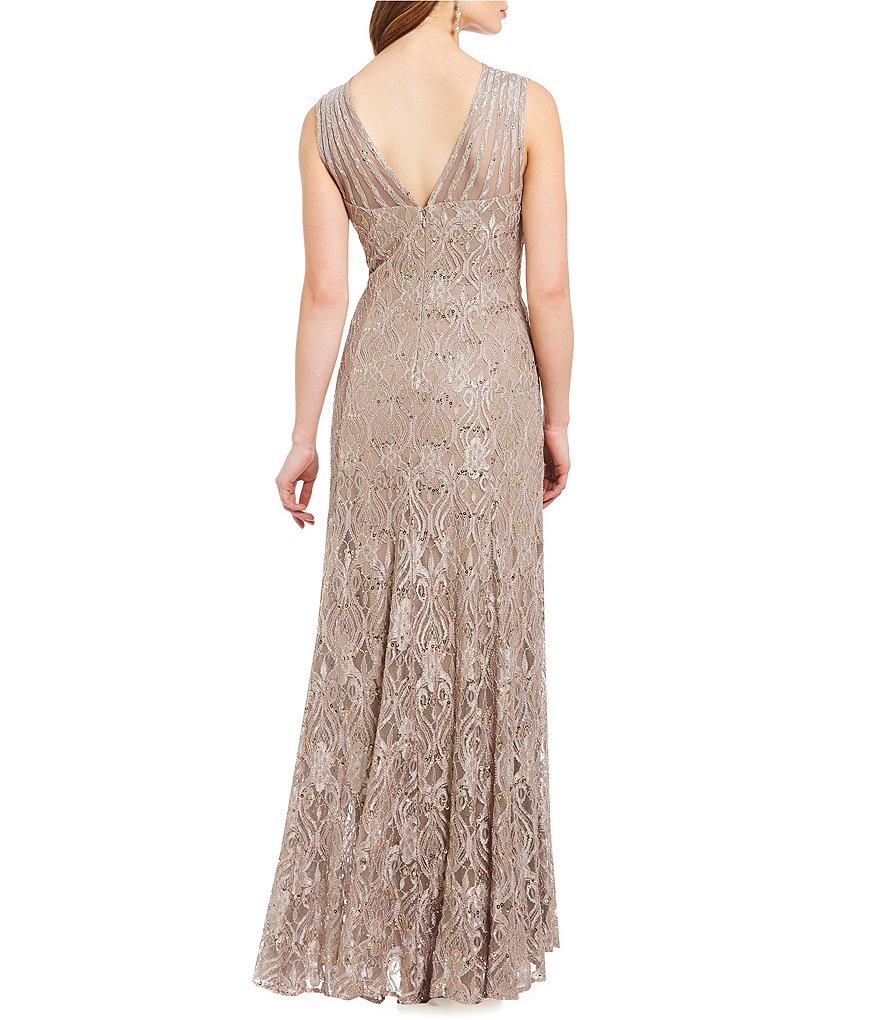 R & M Richards Illusion Shoulder Sleeveless Lace Gown