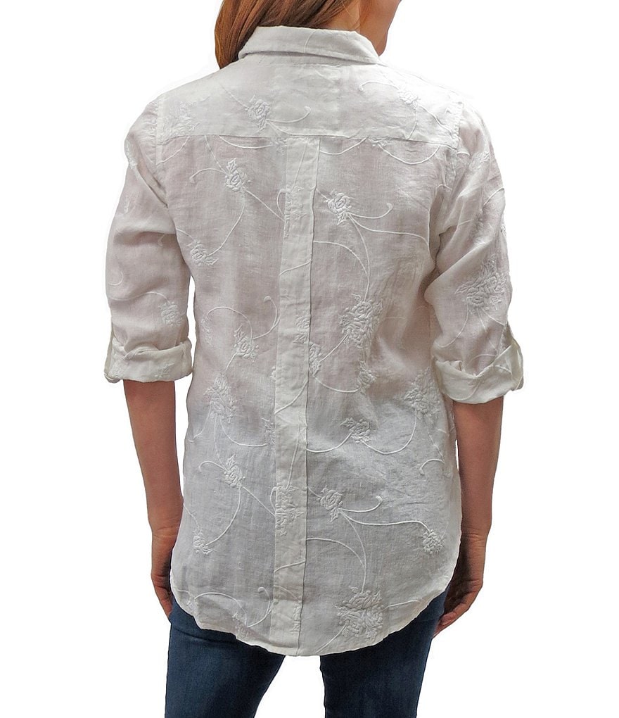 Karyn Seo Delilah All-Over Vintage Tonal Embroidered Roll-Tab Sleeve Button Down Linen Shirt