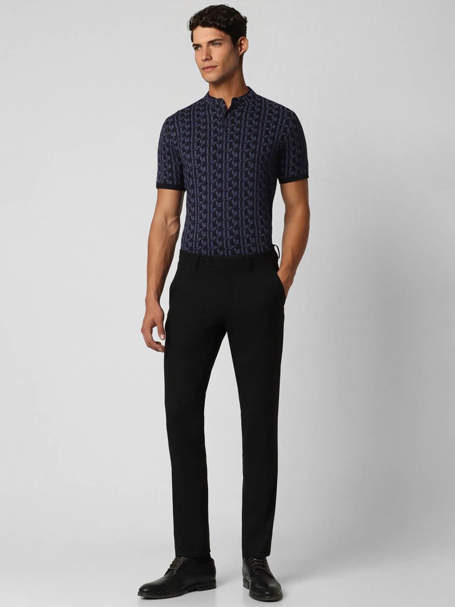 V Dot Navy Cotton Slim Fit Printed Henley T-Shirt