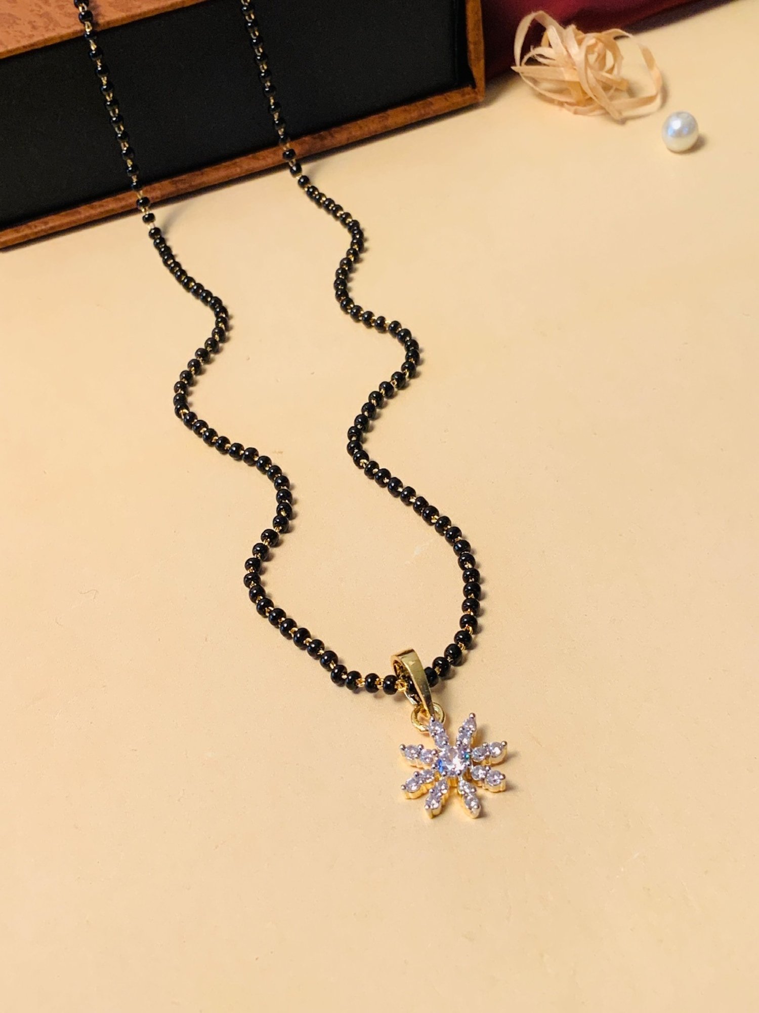 Abdesigns Gold-Plated American Diamond & Black Beaded Mangalsutra