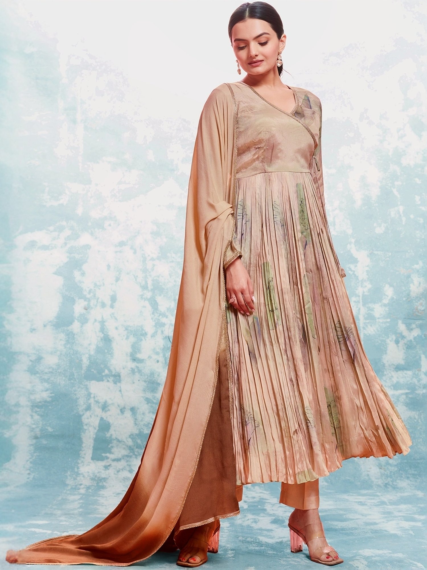 Odette Beige Printed Kurta Pant Set With Dupatta