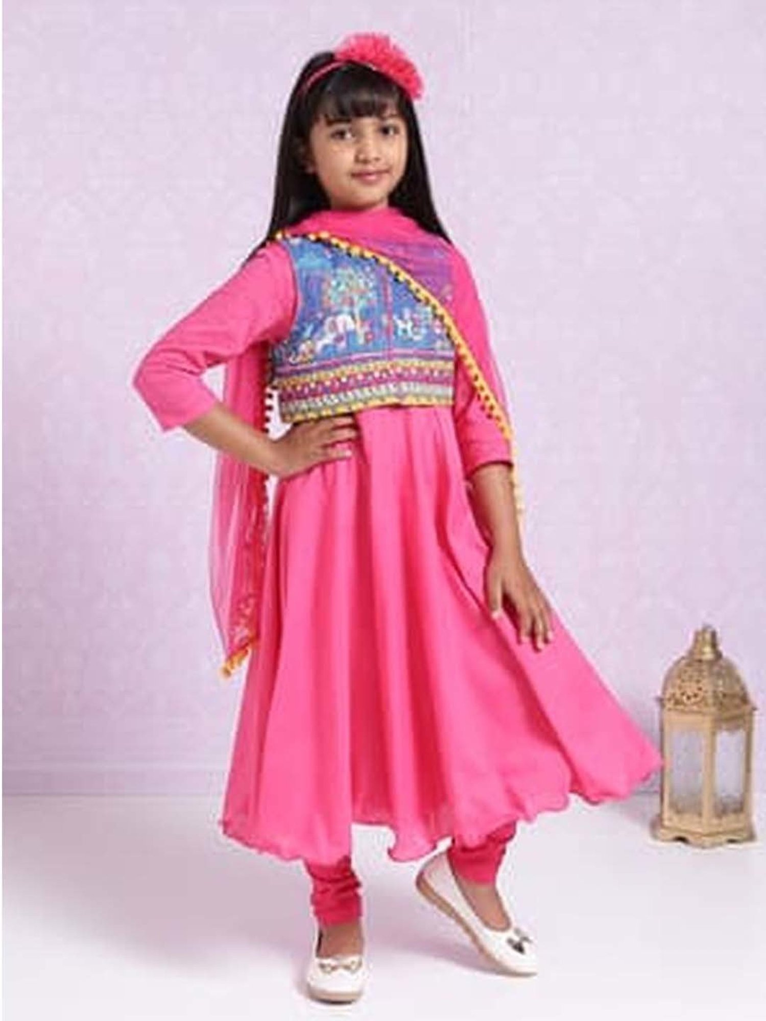 Biba Kids Pink & Blue Regular Fit Kurta Set
