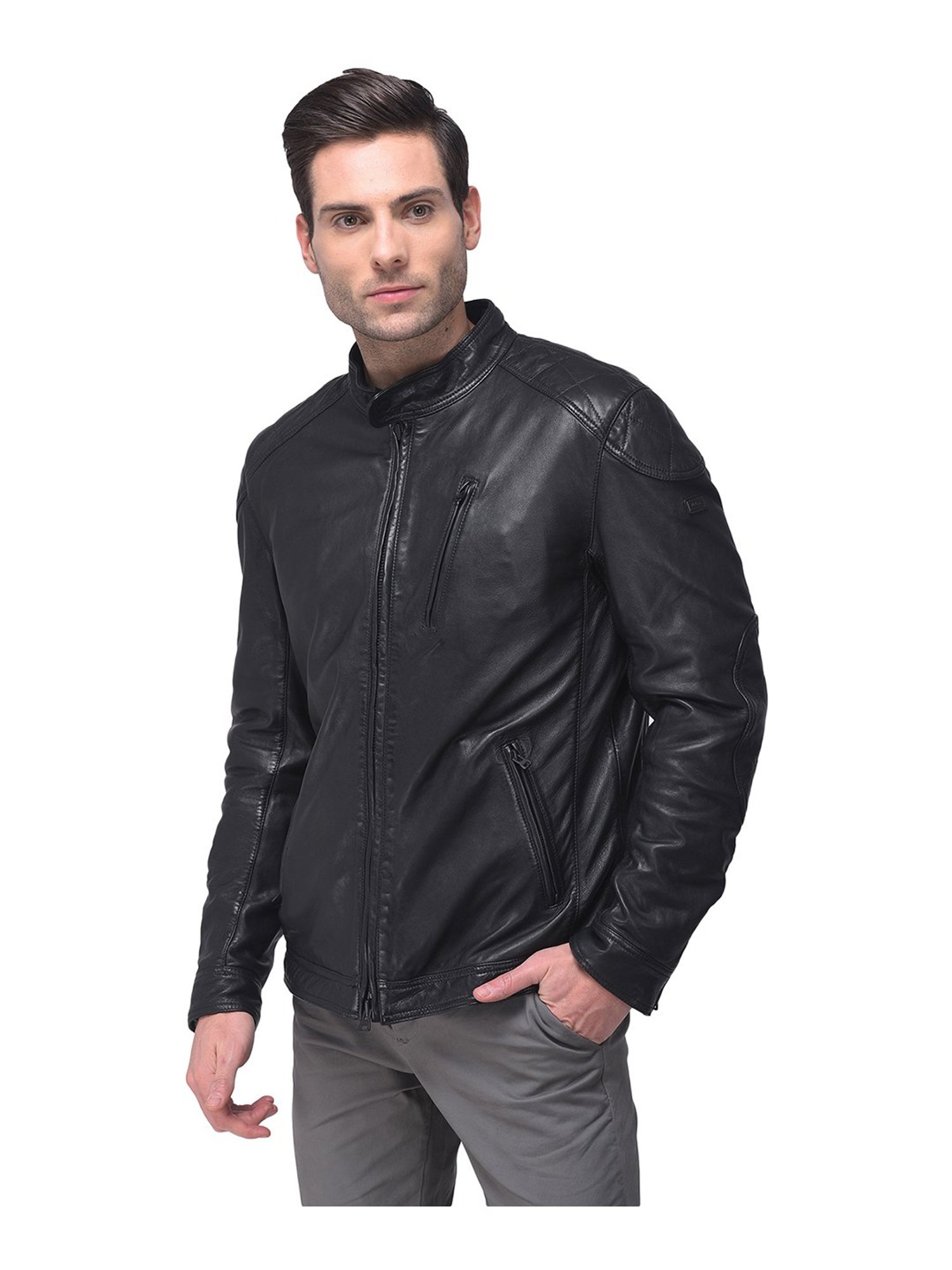 Woods Black Mandarin Collar Leather Jacket