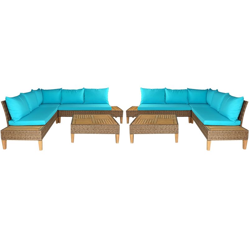 Costway 8PCS Patio Rattan Furniture Set Loveseat w/Wooden Side Table Cushioned Turquoise