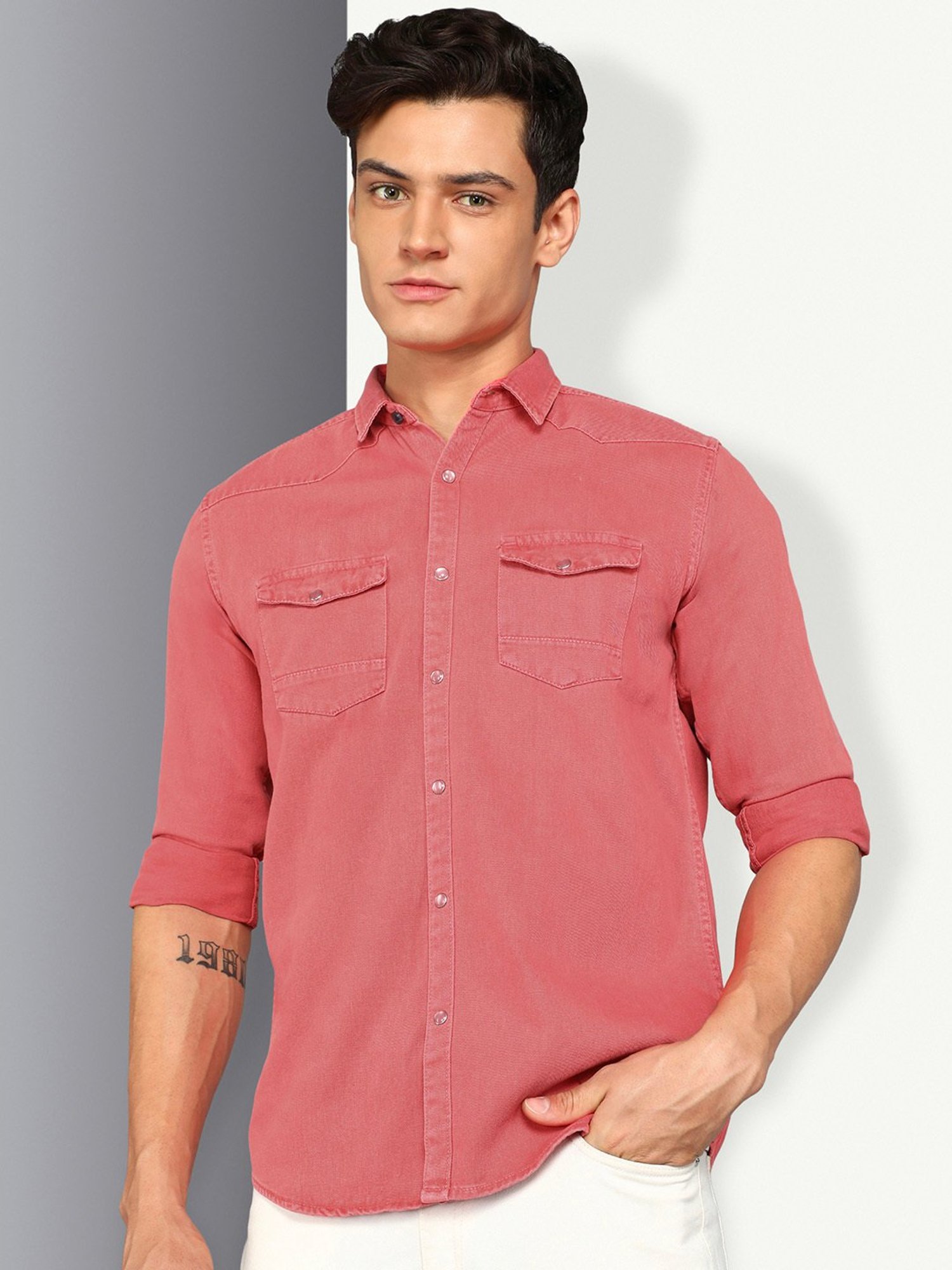 Kuons Avenue Dusty Pink Slim Fit Denim Shirt