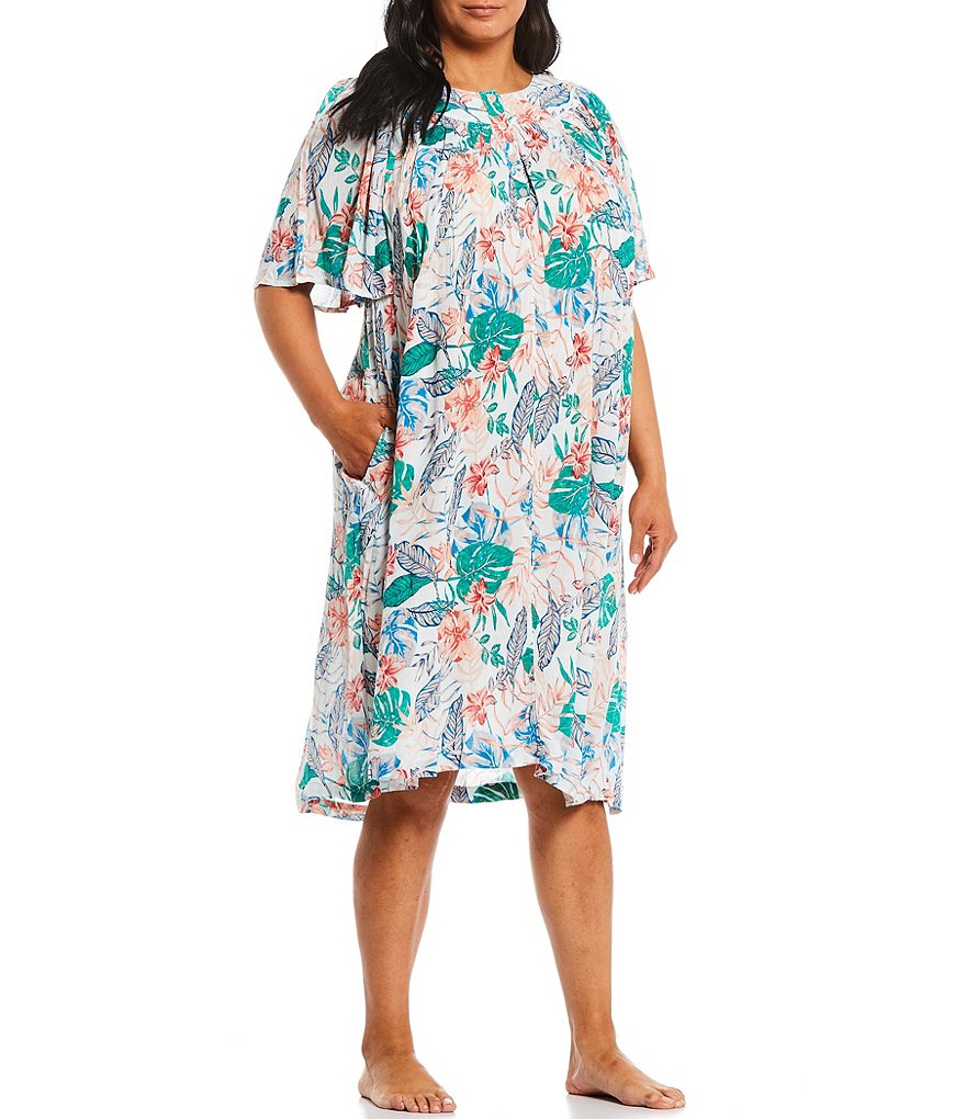 Kate Landry Plus Tropical Floral Print Henley Crinkled Woven Patio Dress