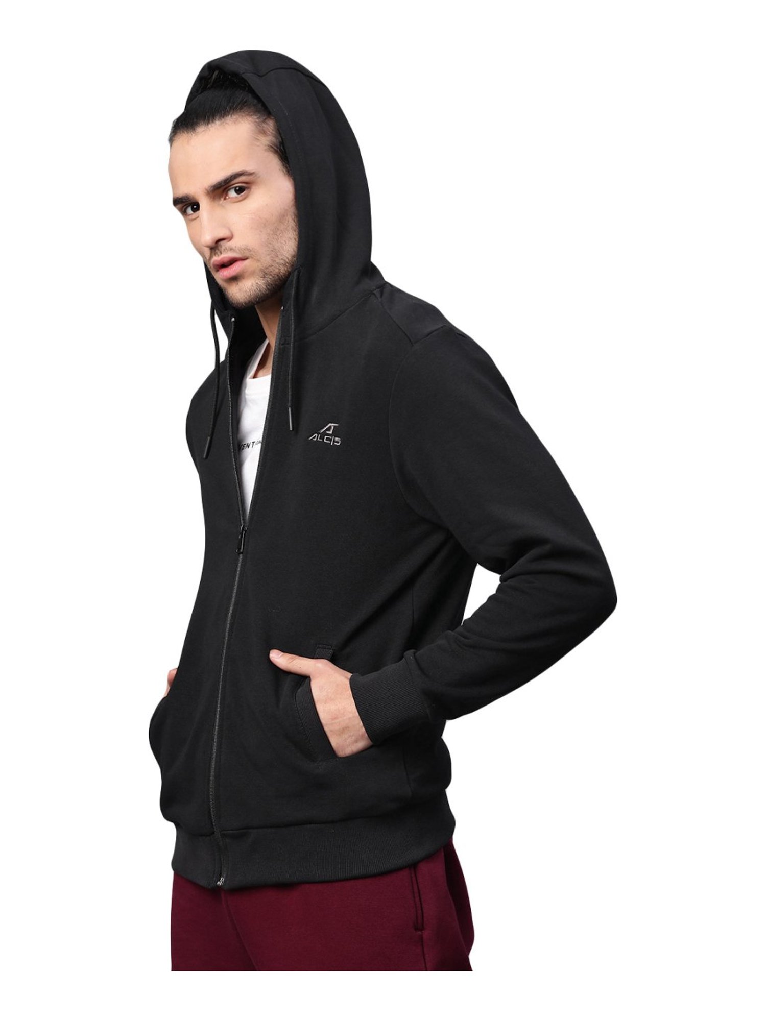 ALCIS Black Cotton Regular Fit Hooded Sweatshirt