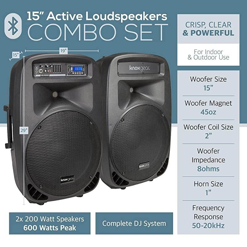 Dual 15" Speakers, 600 Watt - 8 Piece Portable PA System - Microphone, Tripods, Remote Control - Bluetooth, USB, SD Card, RCA and 1/4" Inputs - Colorful LED Lights