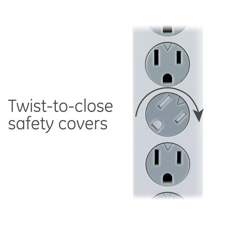 GE 6 Outlet Surge Protector, 10 Ft Extension Cord, Power Strip, 800 Joules, Flat Plug, Twist-to-Close Safety Covers, White, 14092
