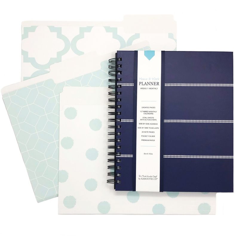 Undated Home & Work 8"x10" Planner and File Folder Bundle Navy Stripes & Teal- Kahootie Co