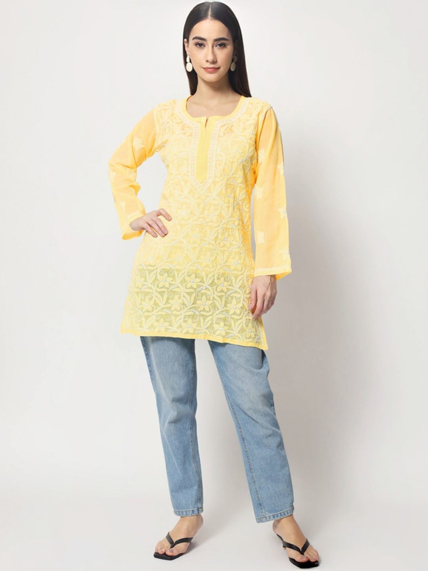 PARAMOUNT CHIKAN Pale Yellow Cotton Hand Embroidered Chikankari Straight Kurti