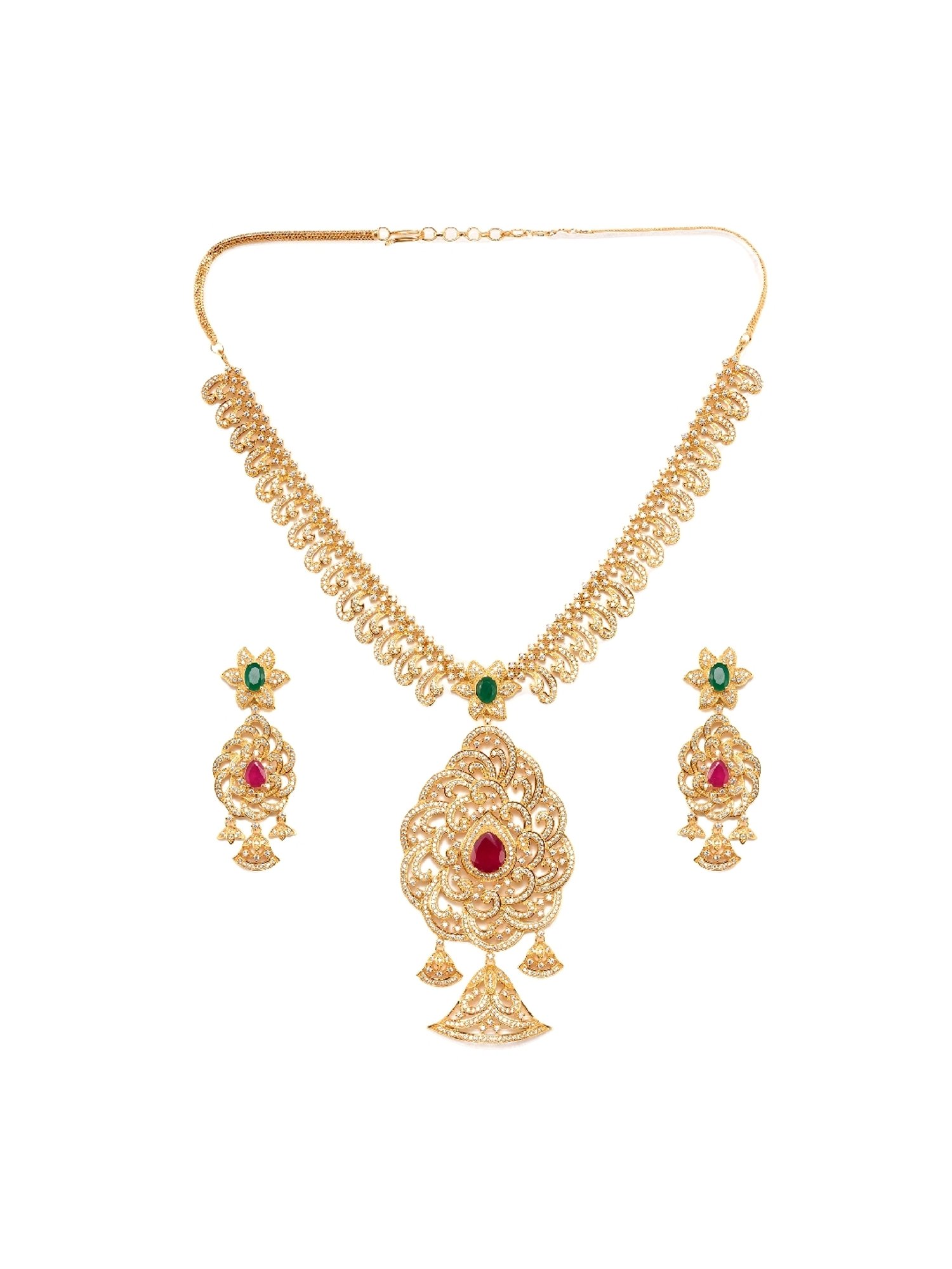 Saraf RS Jewellery Gold Plated MultiColour Stone Studded Pendant Style Neclace and Earring Set