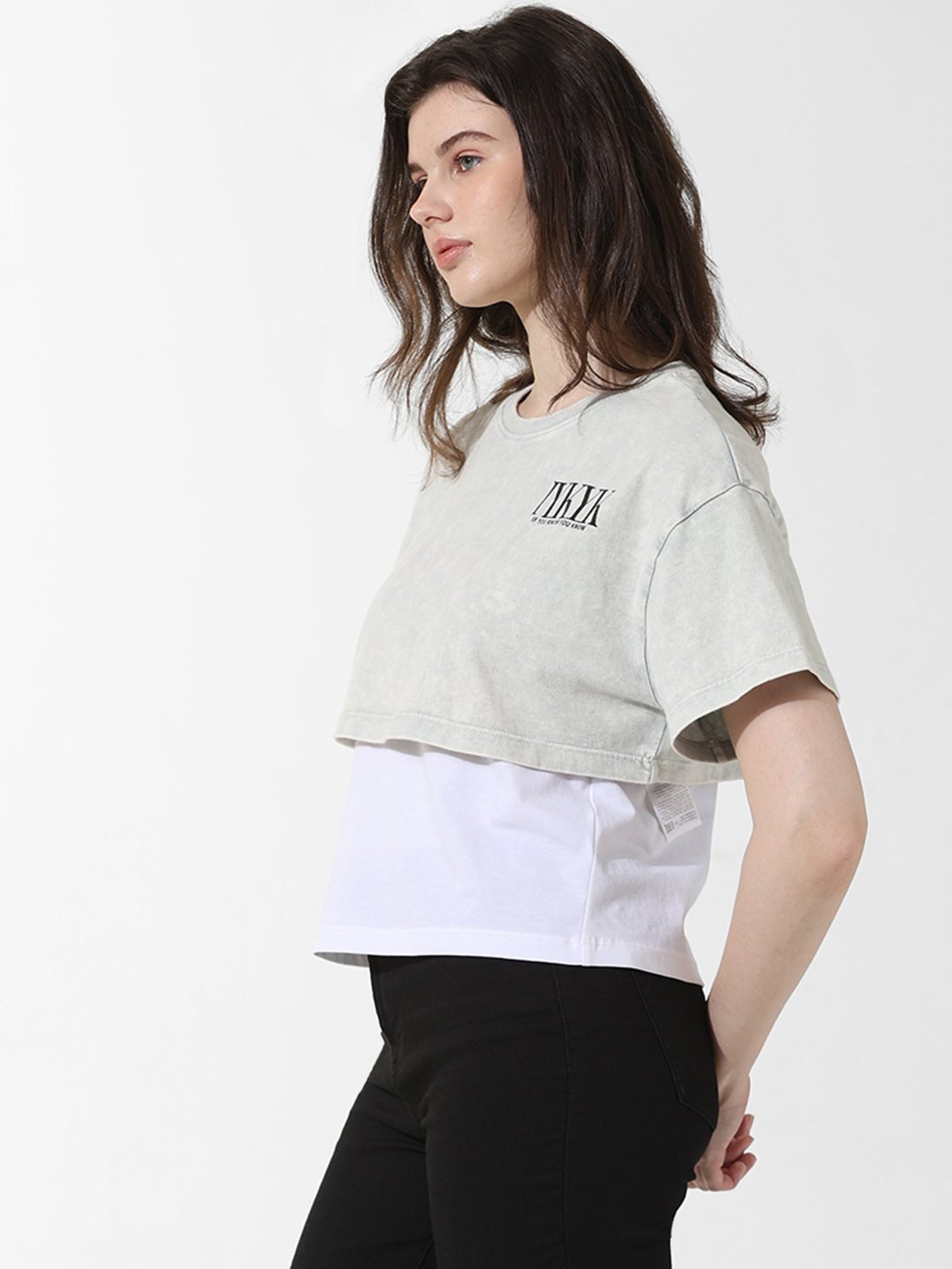 Only Grey & White Cotton Graphic Print T-Shirt