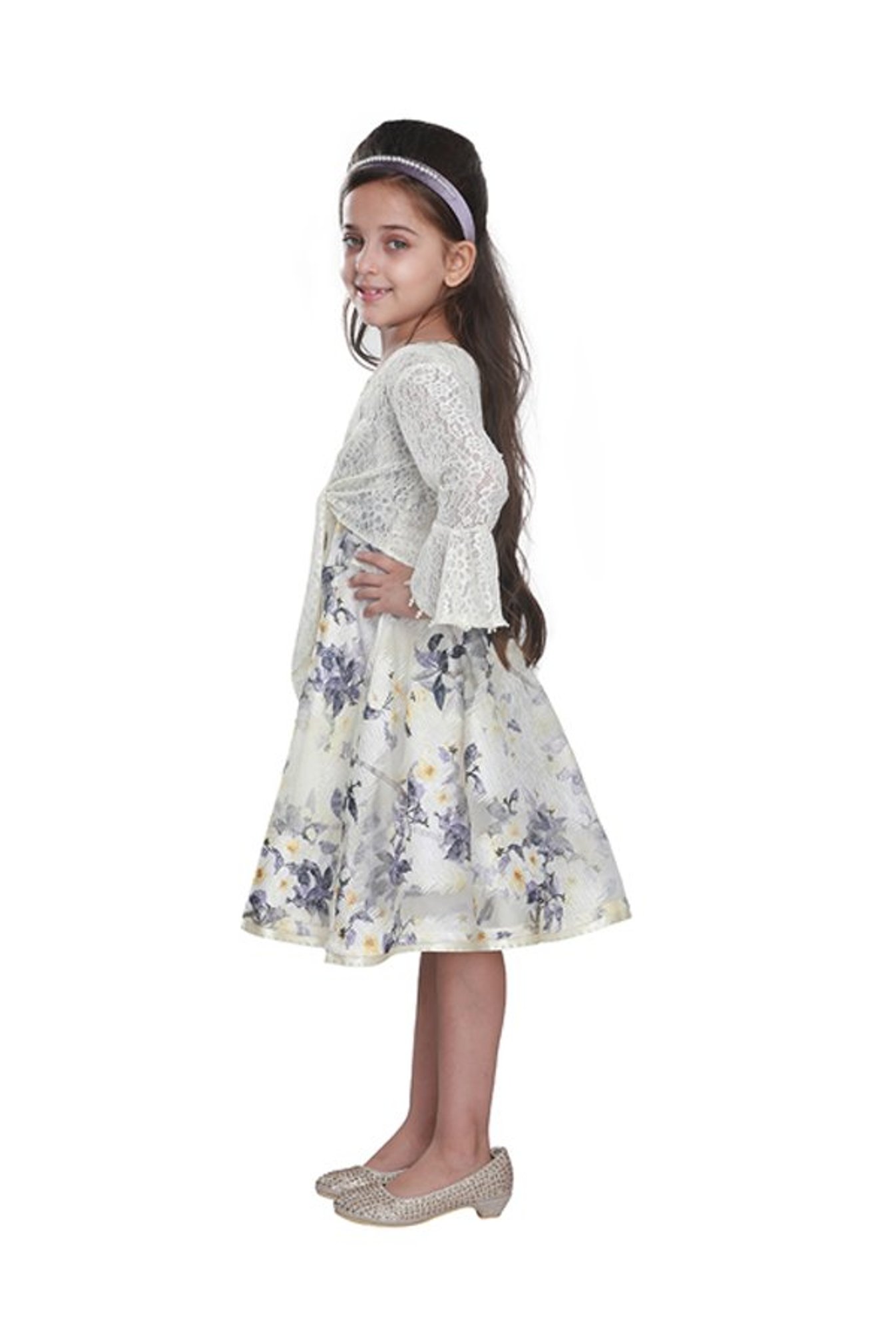 Cutecumber Kids Cream Printed Dress With Hairband