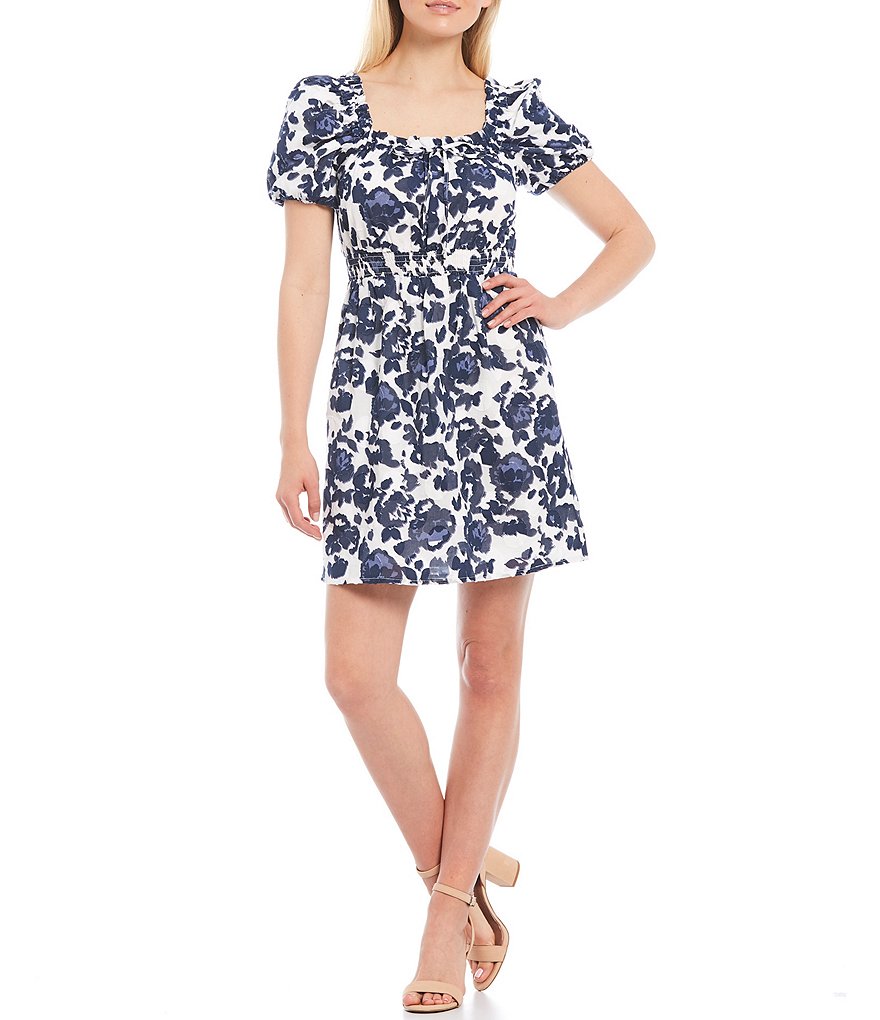 Adelyn Rae Square Neck Smocked Waist Printed Dress