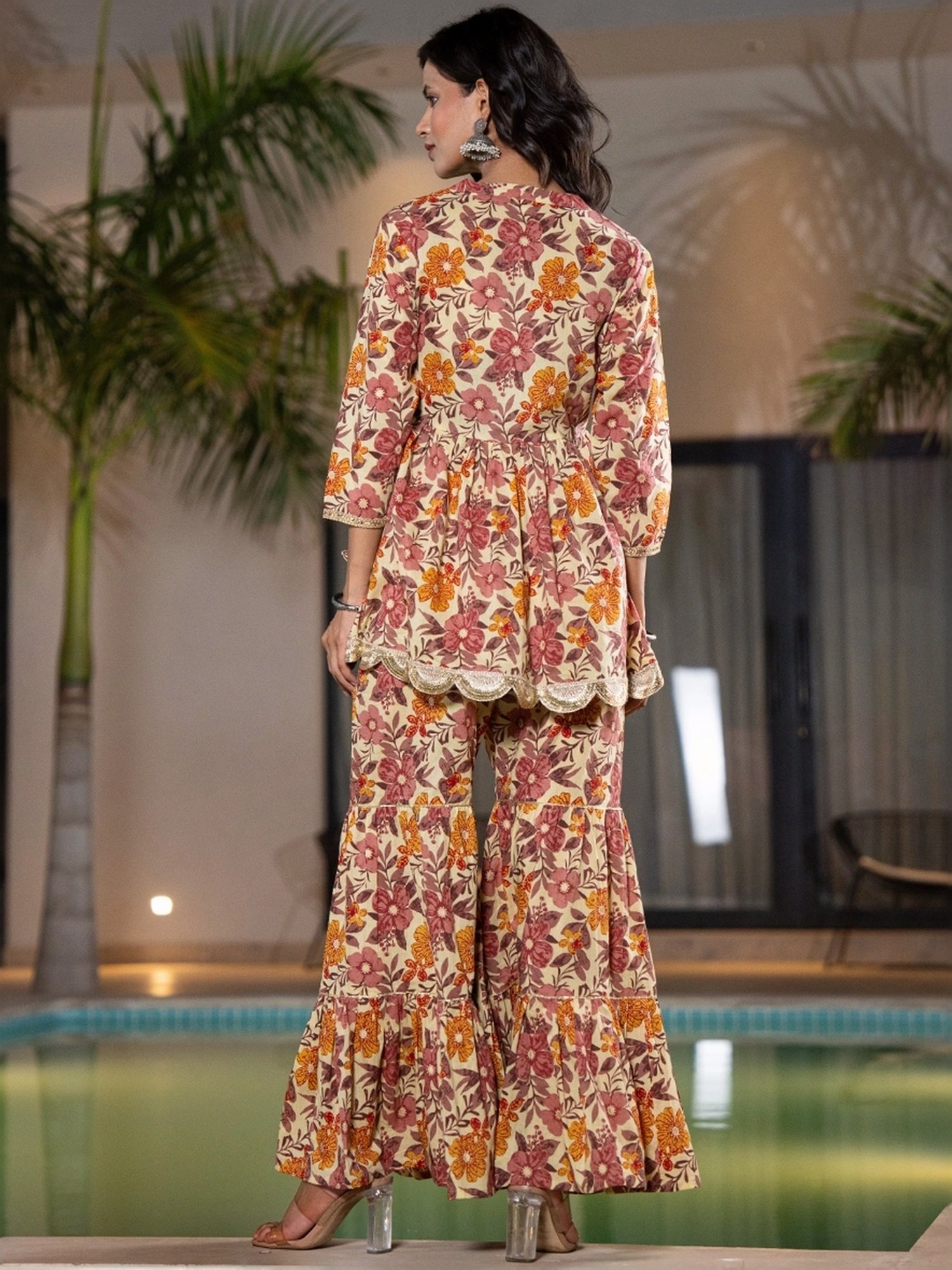 Yufta Beige & Pink Cotton Printed Top Sharara Set