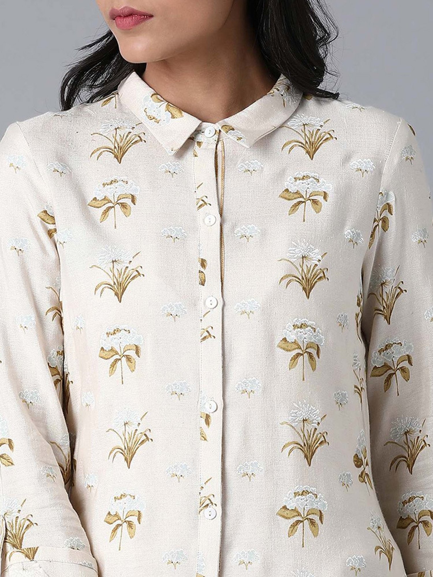 W Beige Shirt Collar Top