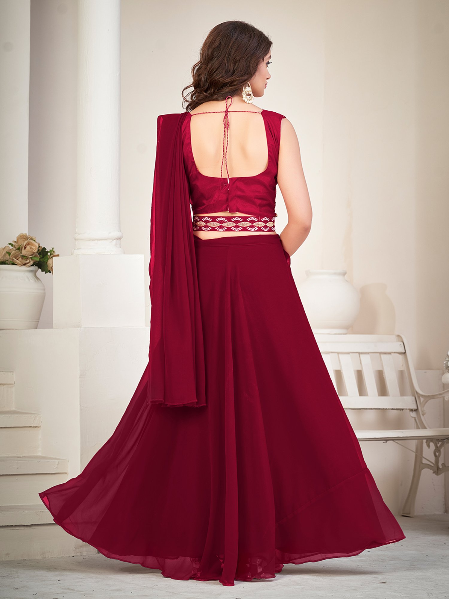 Warthy Ent Maroon Embroidered Lehenga Choli Set With Dupatta