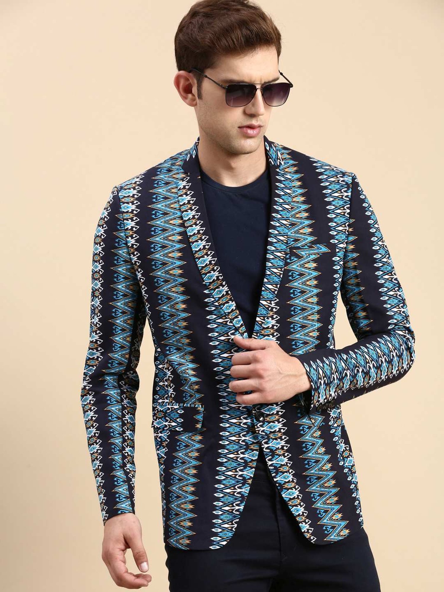 SHOWOFF Navy Blue Cotton Slim Fit Printed Blazer