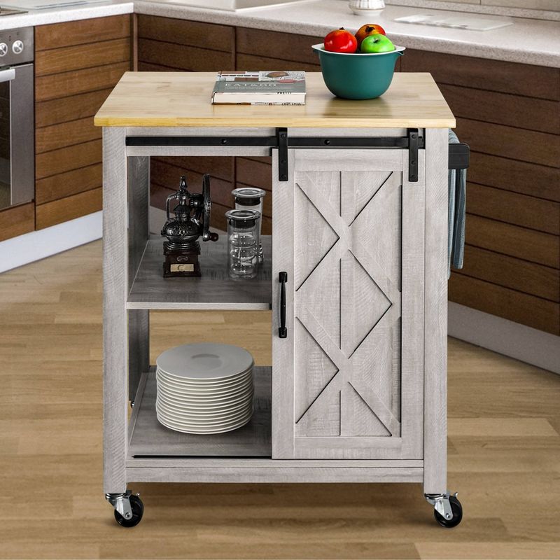 33" Sliding Door Kitchen Cart with Wood Top Saw Cut White - Home Essentials