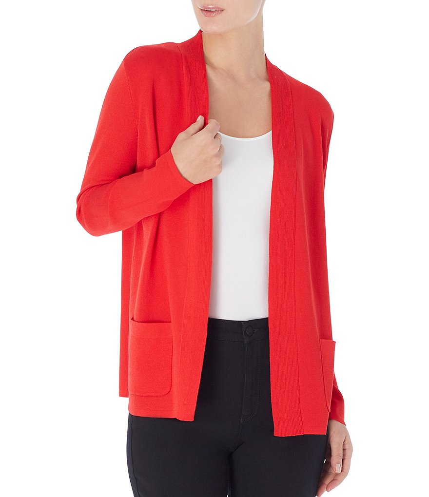 Jones New York Rib Trim Open-Front Long Sleeve Cardigan with Patch Pockets