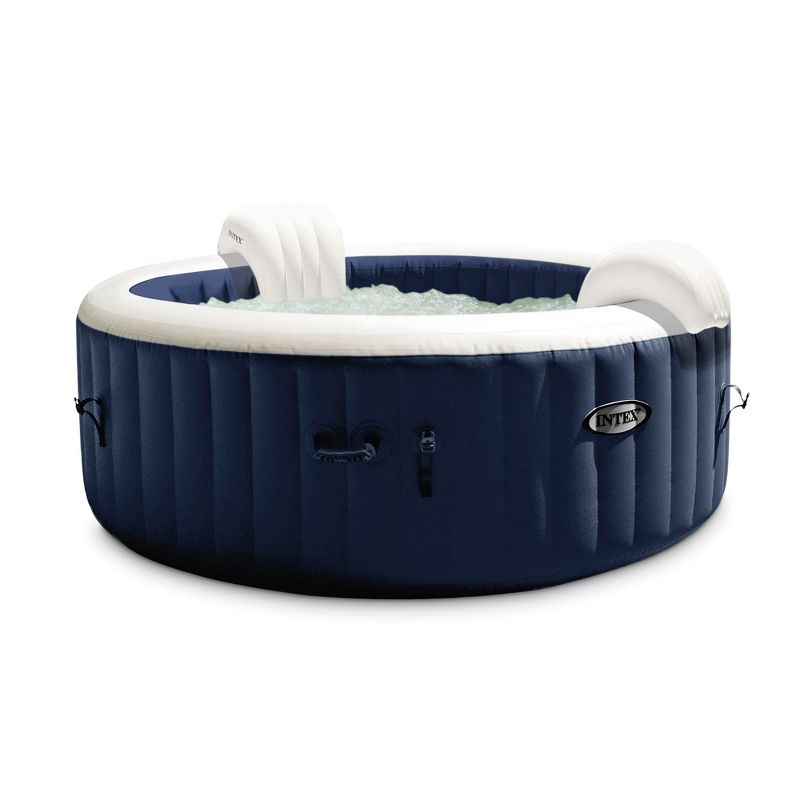 Intex 28431E PureSpa Plus 85in x 25in Portable Inflatable 6 Person Round Hot Tub Spa with 170 Bubble Jets, Heater Pump, and 2 Non-Slip Seats, Navy