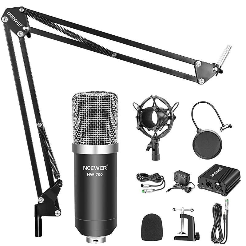 NW700 Professional Condenser Microphone NW35 Suspension Boom Scissor Arm Stand with XLR Cable and Mounting Clamp NW3 Pop Filter 48V Phantom Power Supply with Adapter Kit