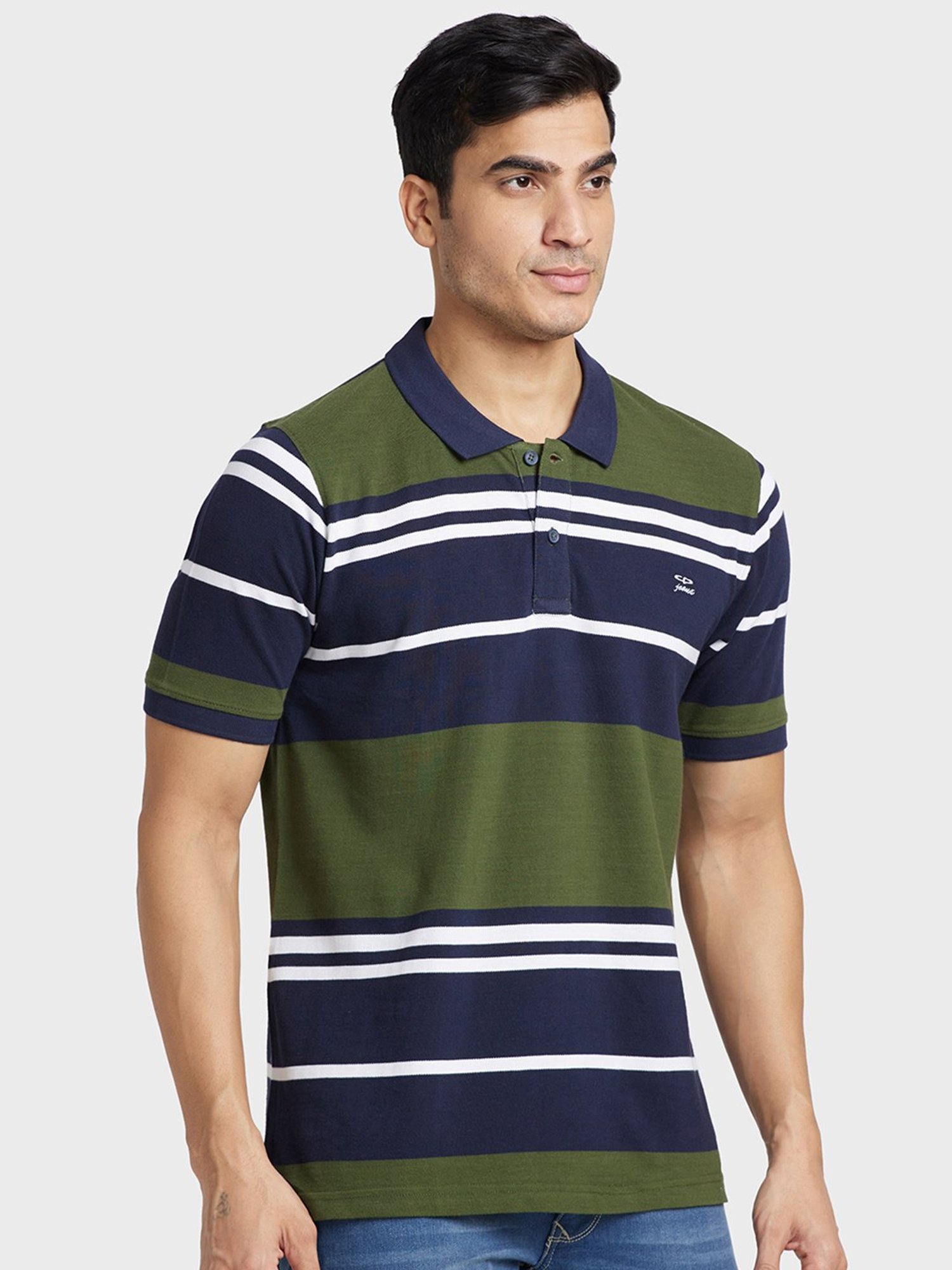 Colorplus Green & Blue Cotton Tailored Fit Striped Polo T-Shirt