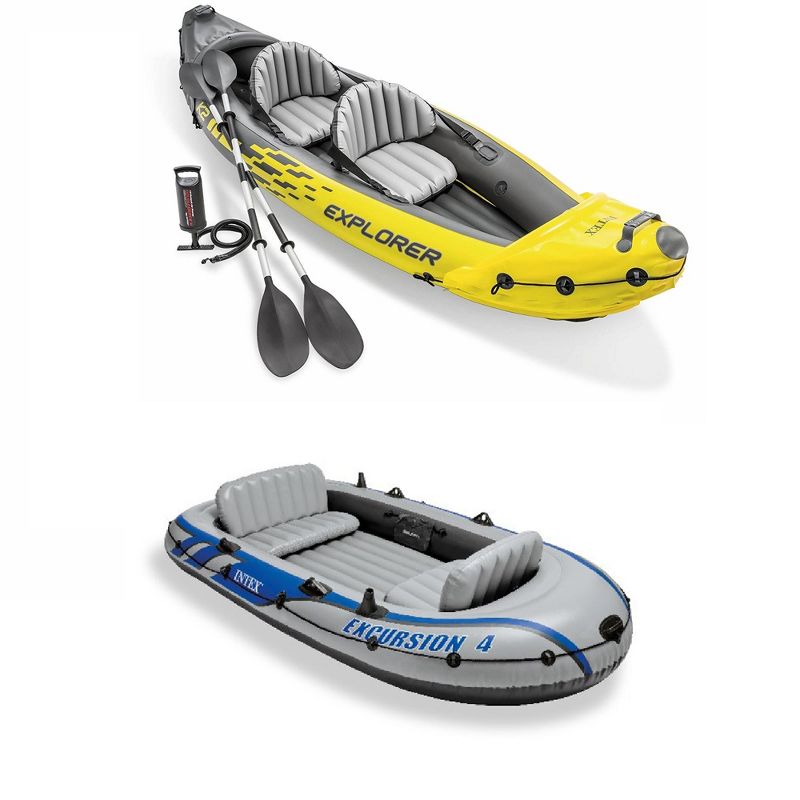Intex Excursion 5 Person Inflatable Raft, 2 Oars and 2 Red Life Jackets, L/XL