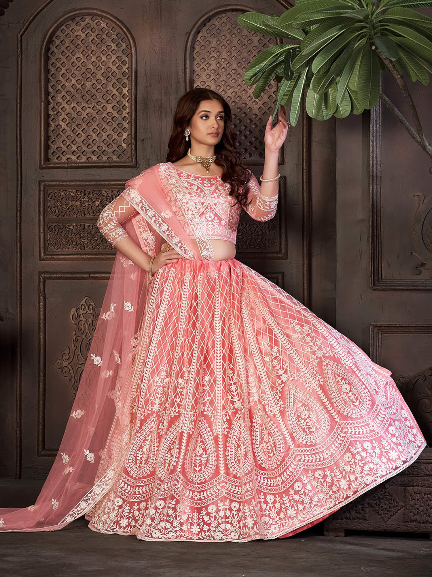 Warthy Ent Peach Embroidered Lehenga Choli Set With Dupatta