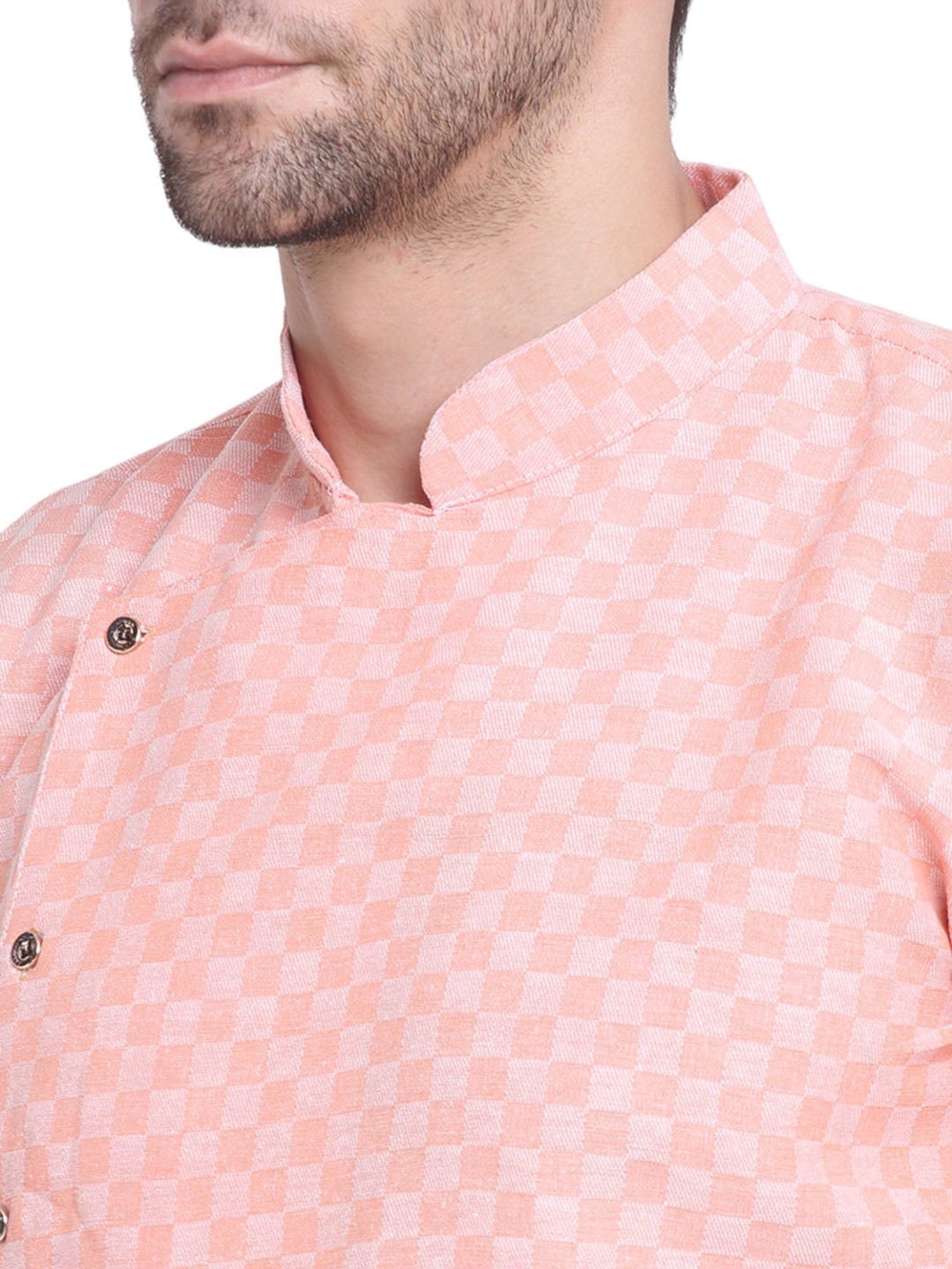 Benstoke Peach & White Regular Fit Geometric Print Angrakha Kurta & Pyjamas Set