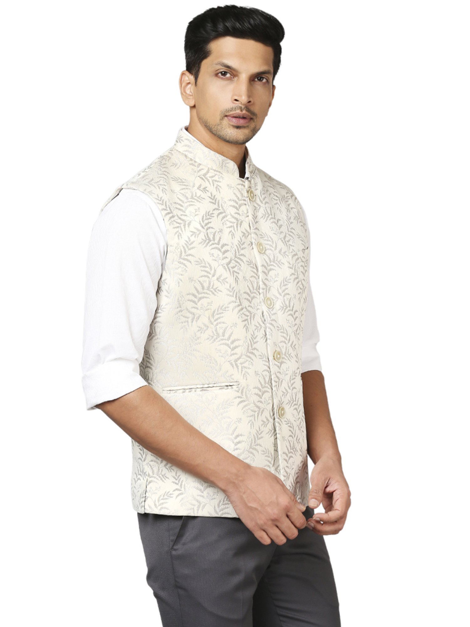 Raymond Beige Regular Fit Self Pattern Nehru Jacket