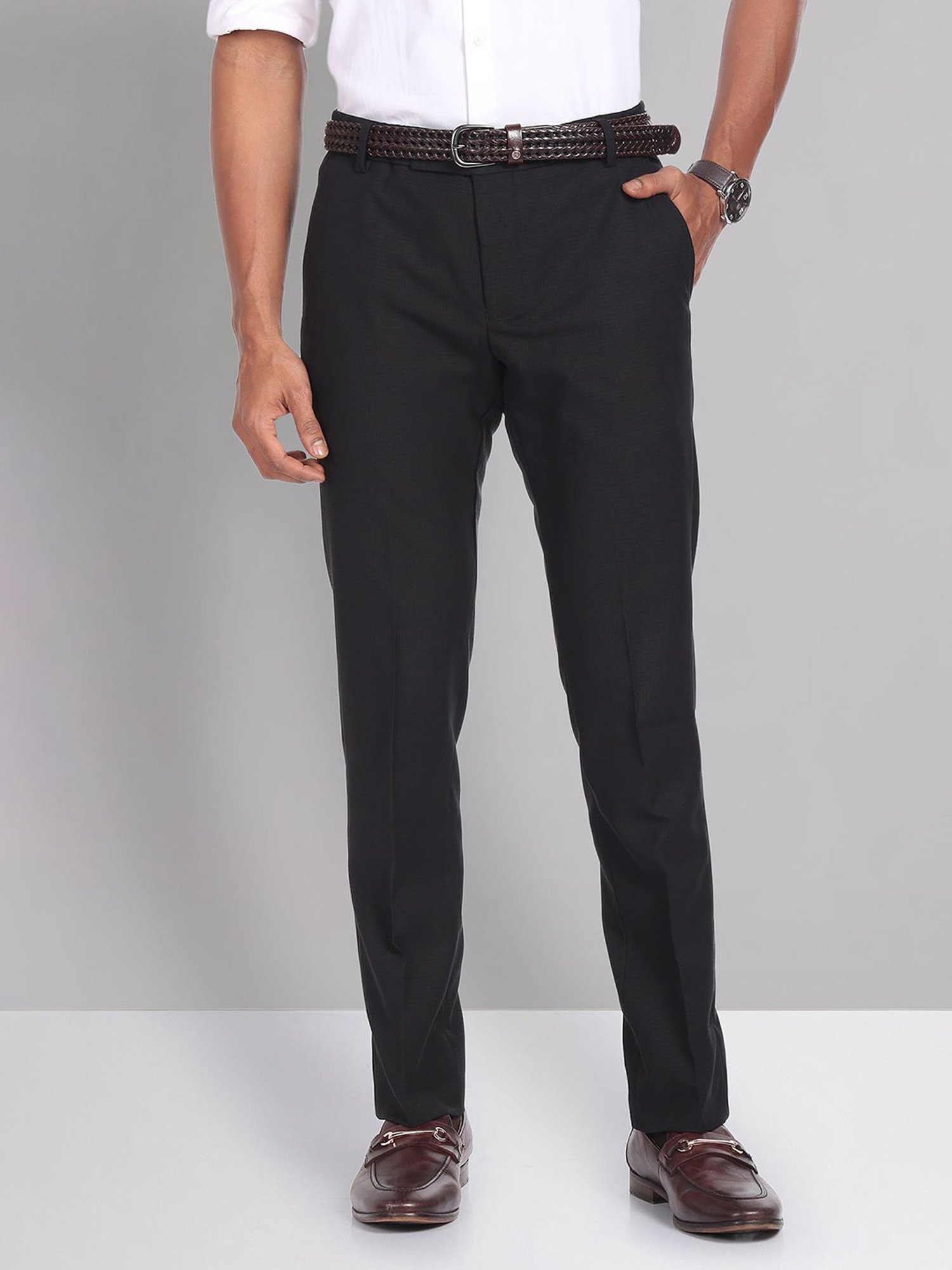 AD by Arvind Black Slim Fit Flat Front Trousers