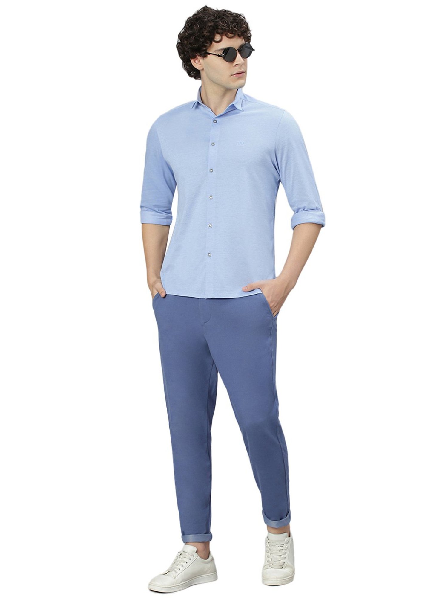 Slowave Light Blue Regular Fit Denim Flat Front Trousers