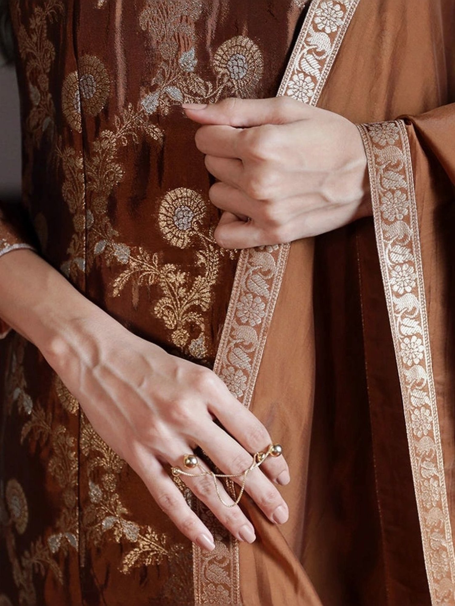 Ganga Fashions Argan Oil Brown Woven Silk Kurta with Salwar and Dupatta