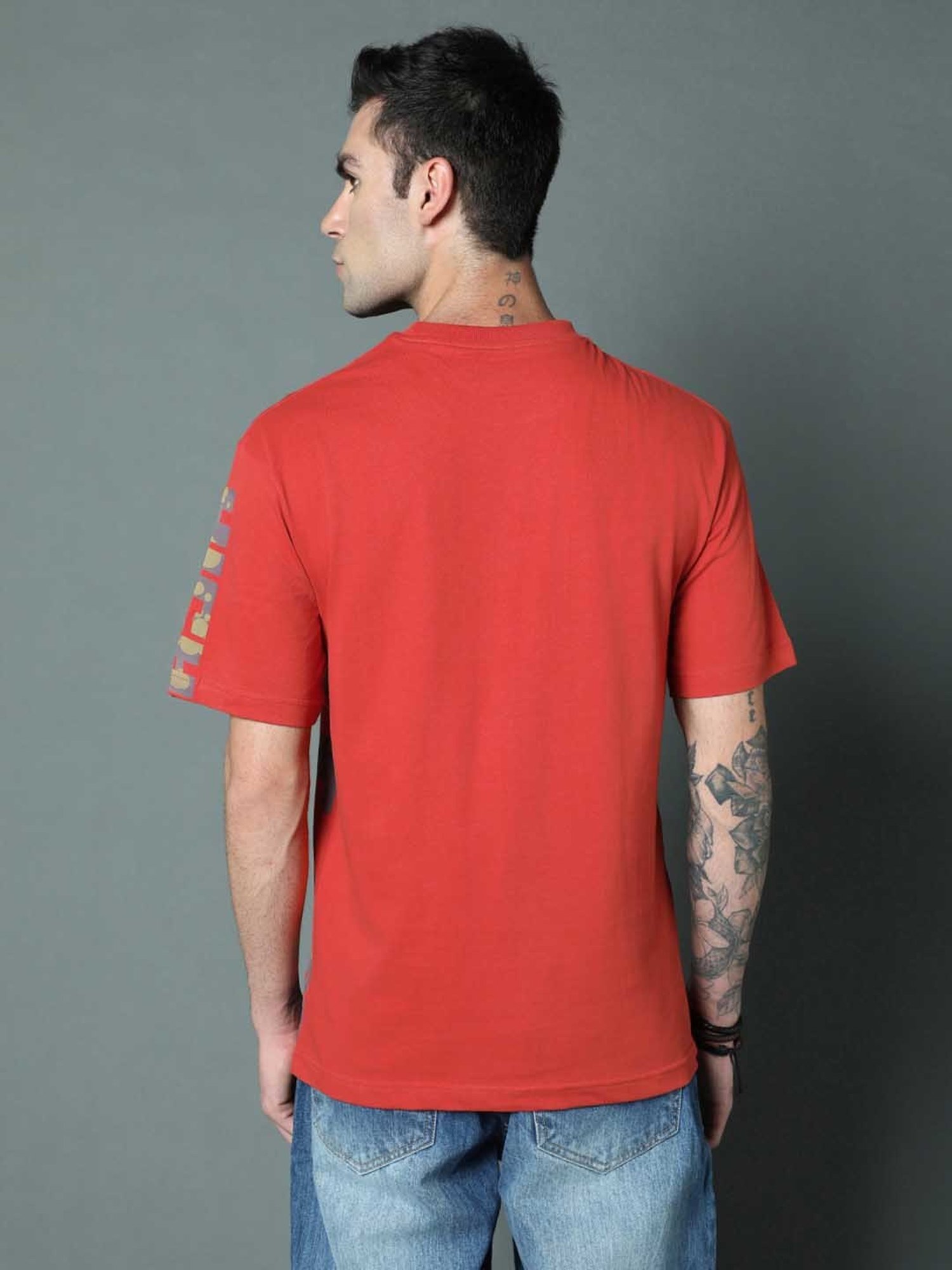 High Star Dark Orange Relaxed Fit Printed Crew T-Shirt