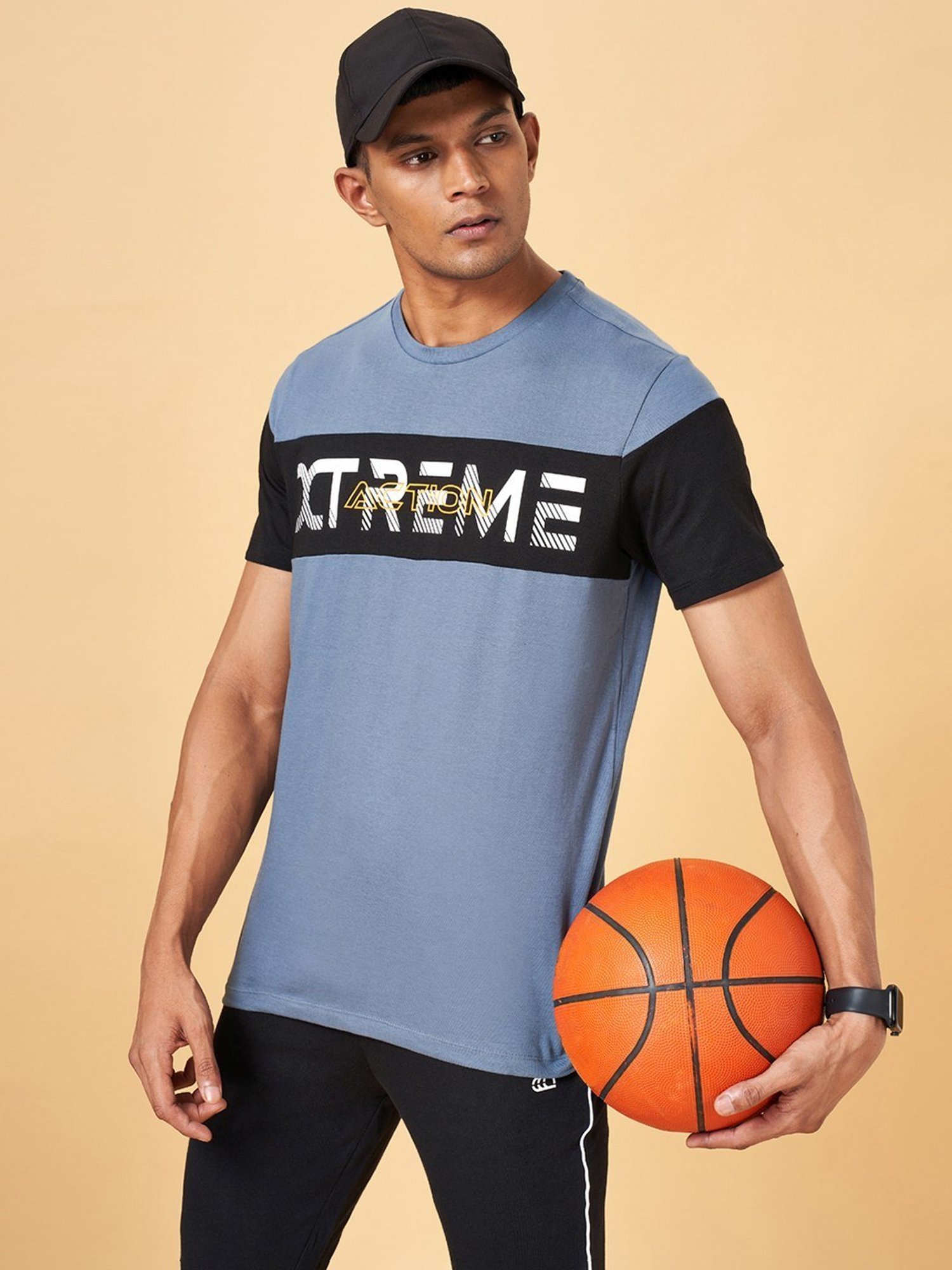 Ajile by Pantaloons Powder Blue & Black Slim Fit Printed T-Shirt