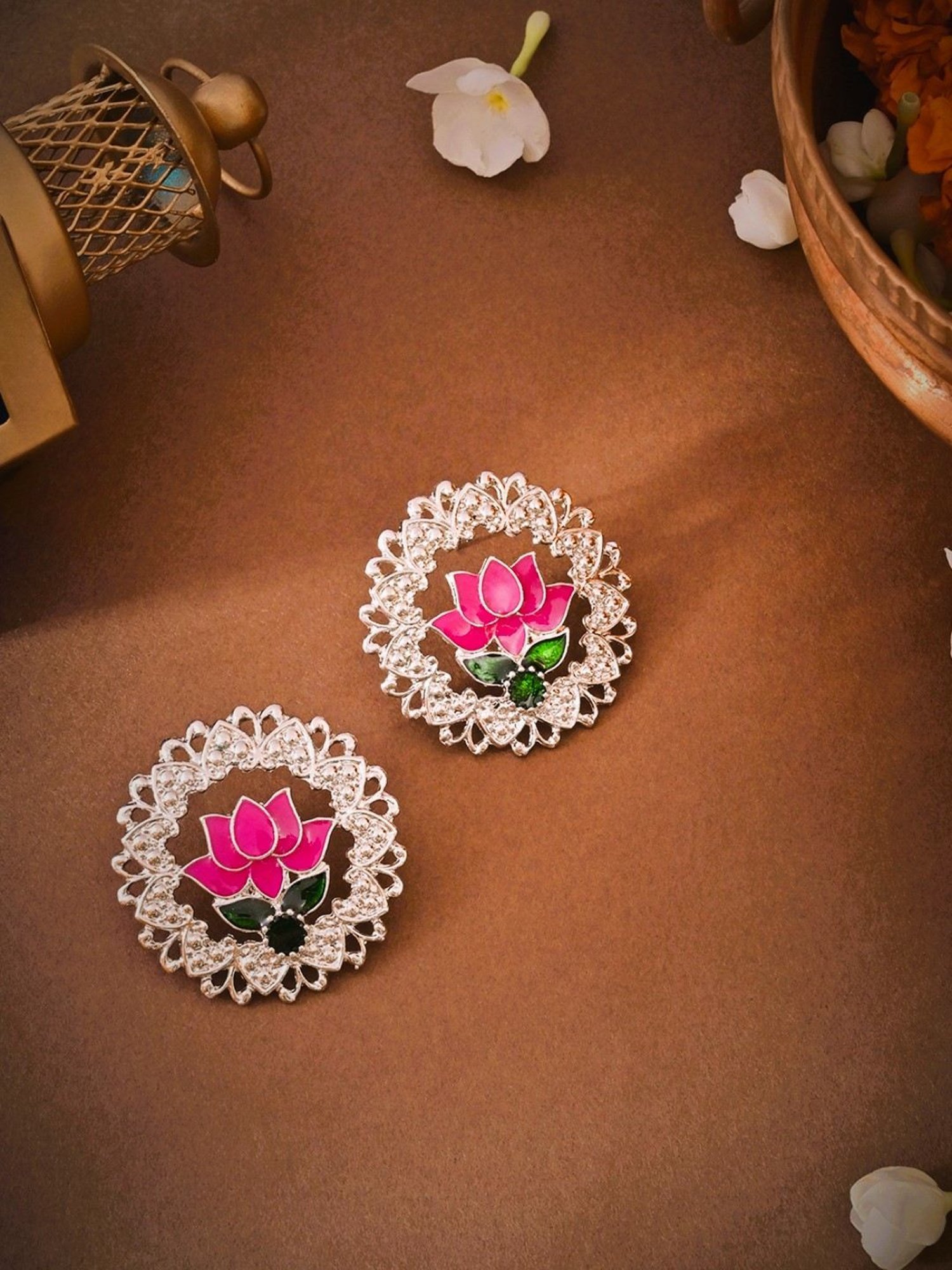 Fida Pink Green Meenakari Traditional Lotus Drop Earrings