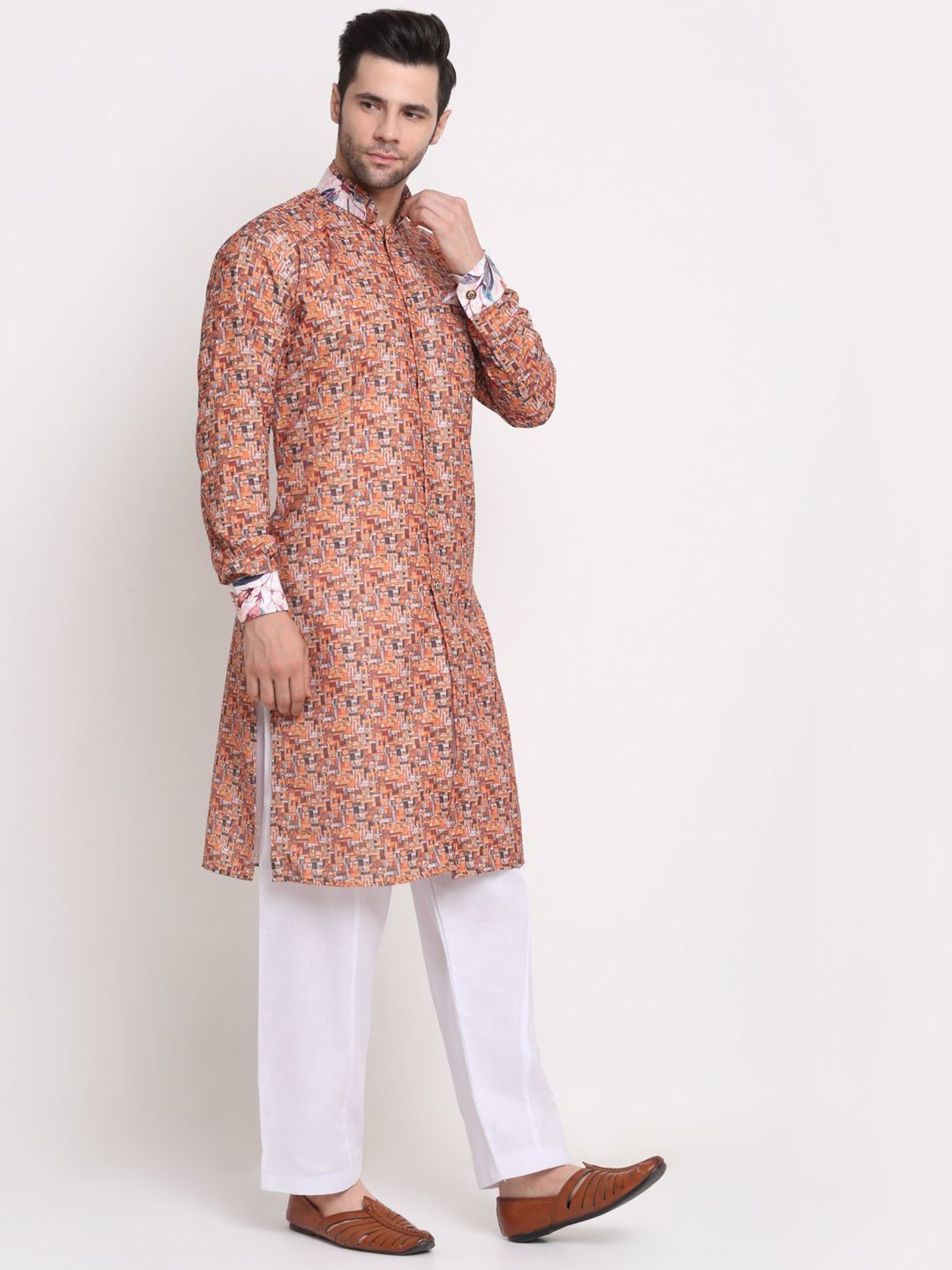 Benstoke Orange & Multi Cotton Regular Fit Printed Sherwani Set