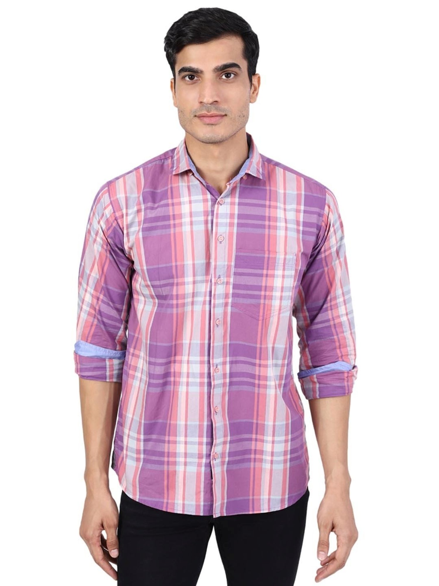 TAHVO Purple & White Cotton Slim Fit Checks Shirt