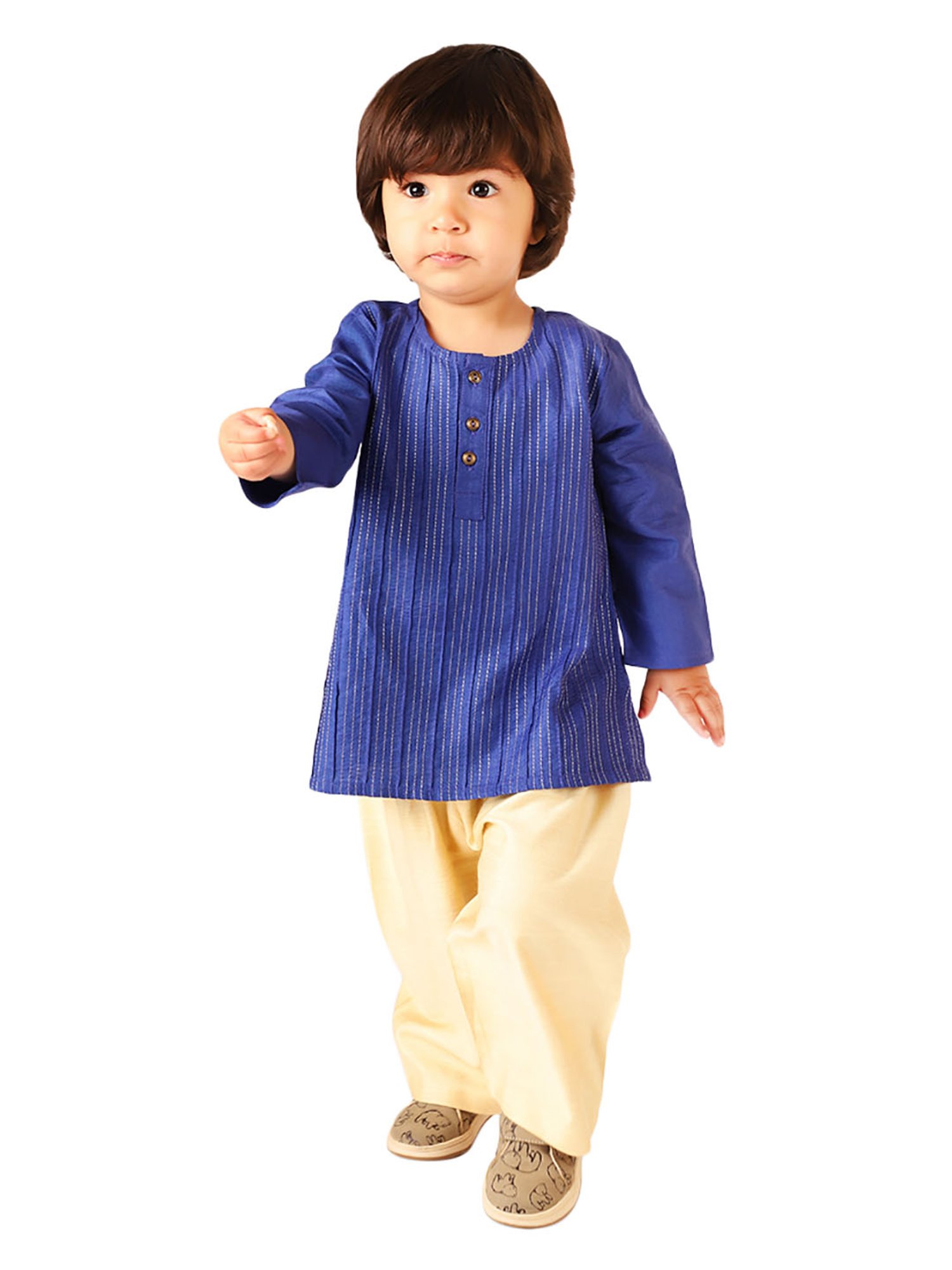 Fabindia Kids Navy & Cream Embroidered Kurta with Pyjamas